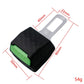 Car seat belt insert head limiter, black textured body with green PRESS button and silver frame