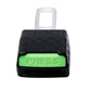 Car seat belt insert head limiter, black body with green PRESS button and silver latch loop