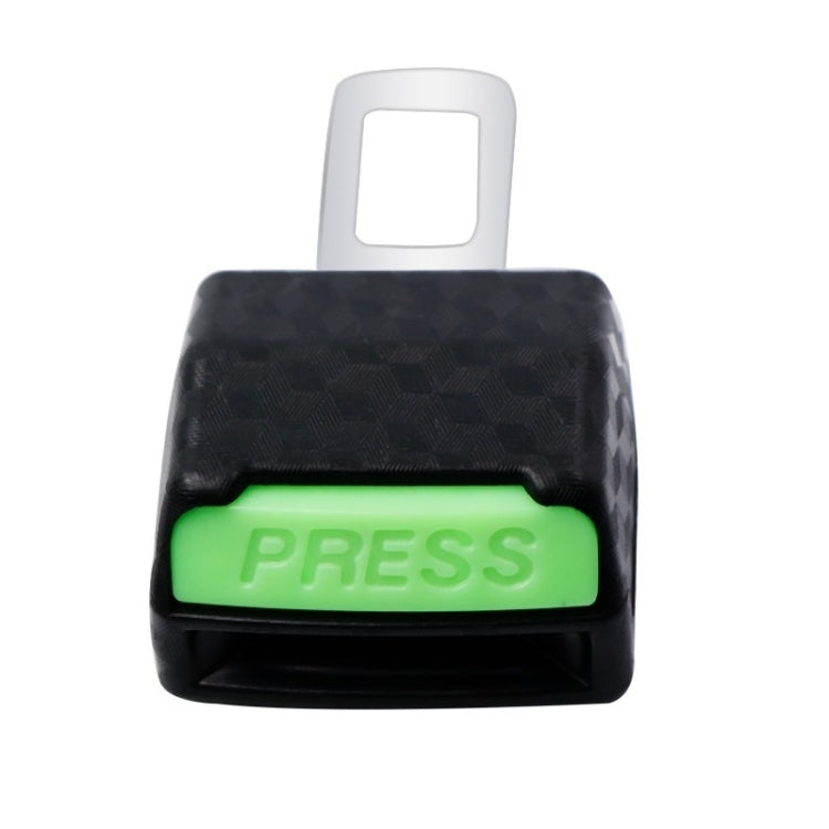 Car seat belt insert head limiter, black body with green PRESS button and silver latch loop