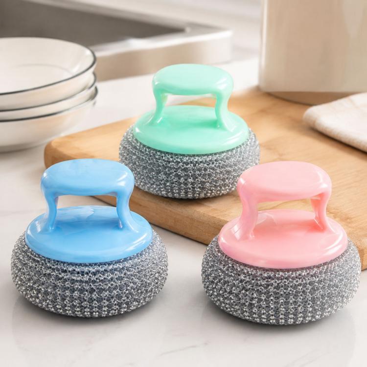 Kitchen wire scrub brush with gray steel ball and mint, blue, pink plastic handles