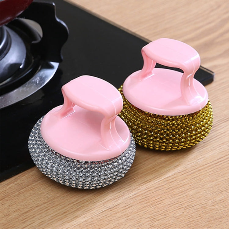 Kitchen wire scrub brush set: pink and gold/gray steel balls with curved plastic handles