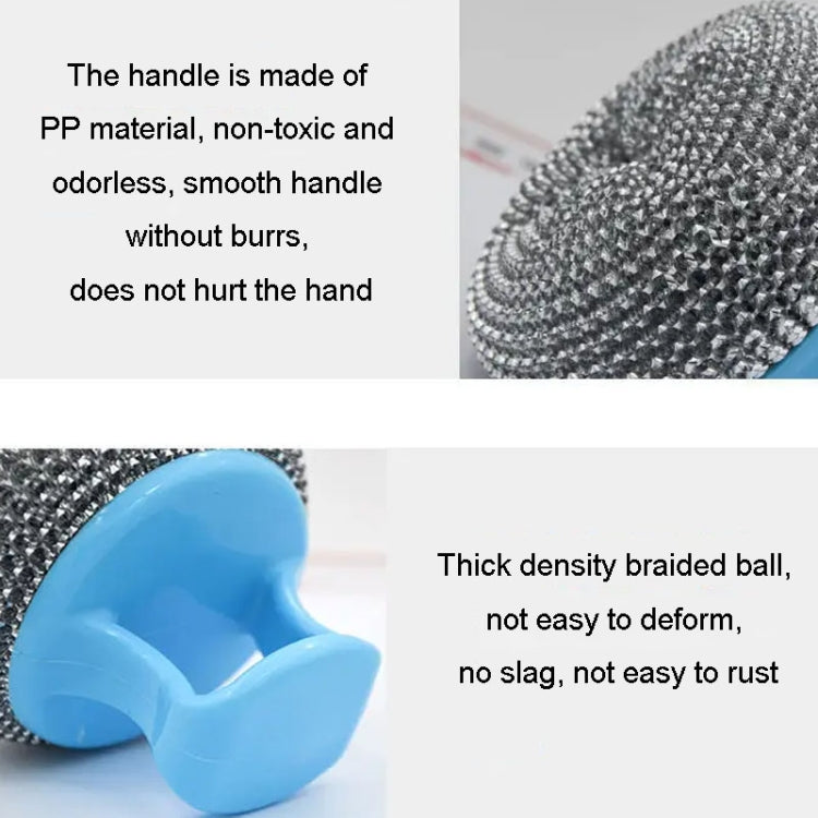 Blue plastic handled wire scouring ball brush with dense gray steel mesh