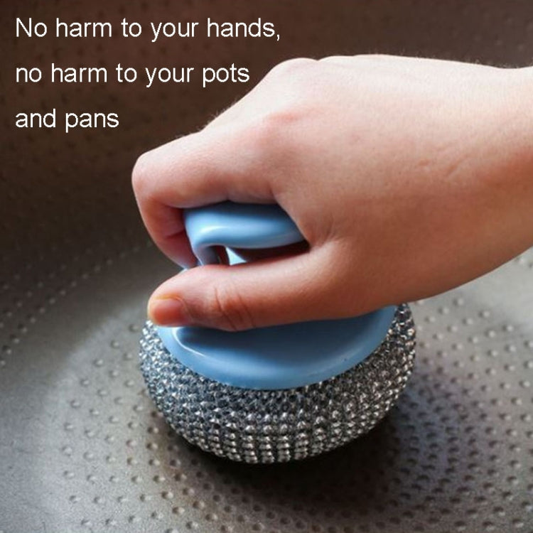 Handheld blue-handled wire scouring ball brush with gray abrasive mesh