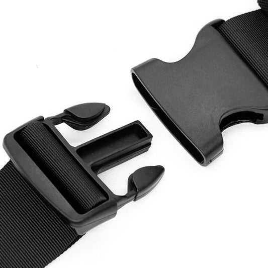 Black lifting strap buckle with adjustable webbing and release tabs