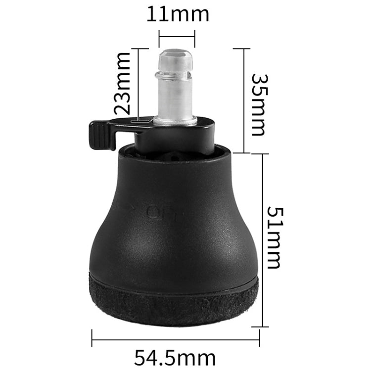 Black roller cushion slip with clear caster pin; overall size measurements shown