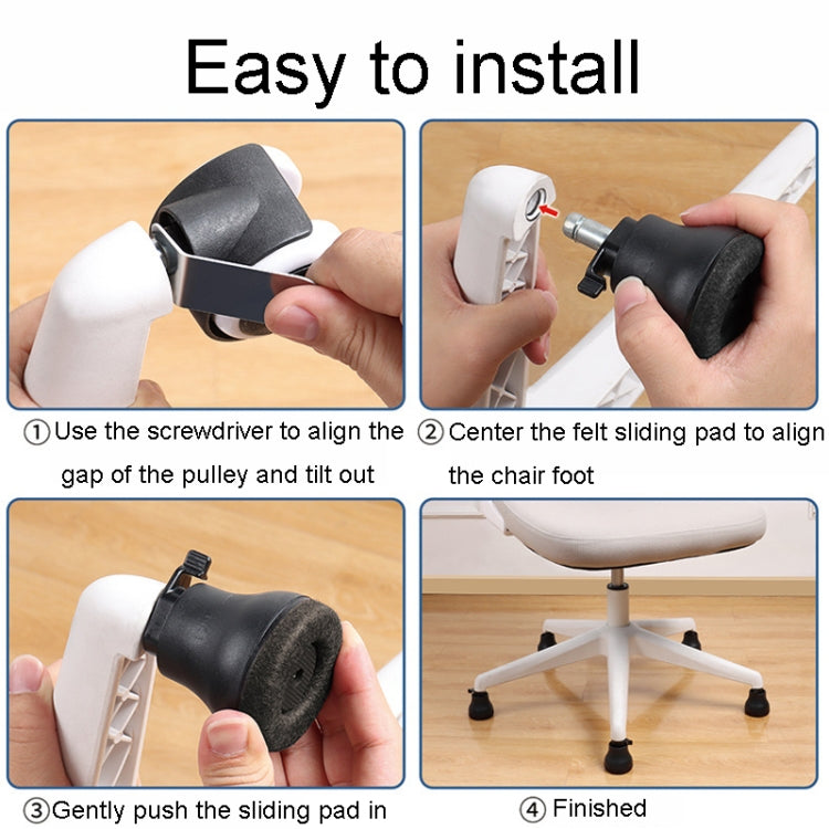 Black roller cushion slip installed on chair base using screwdriver alignment
