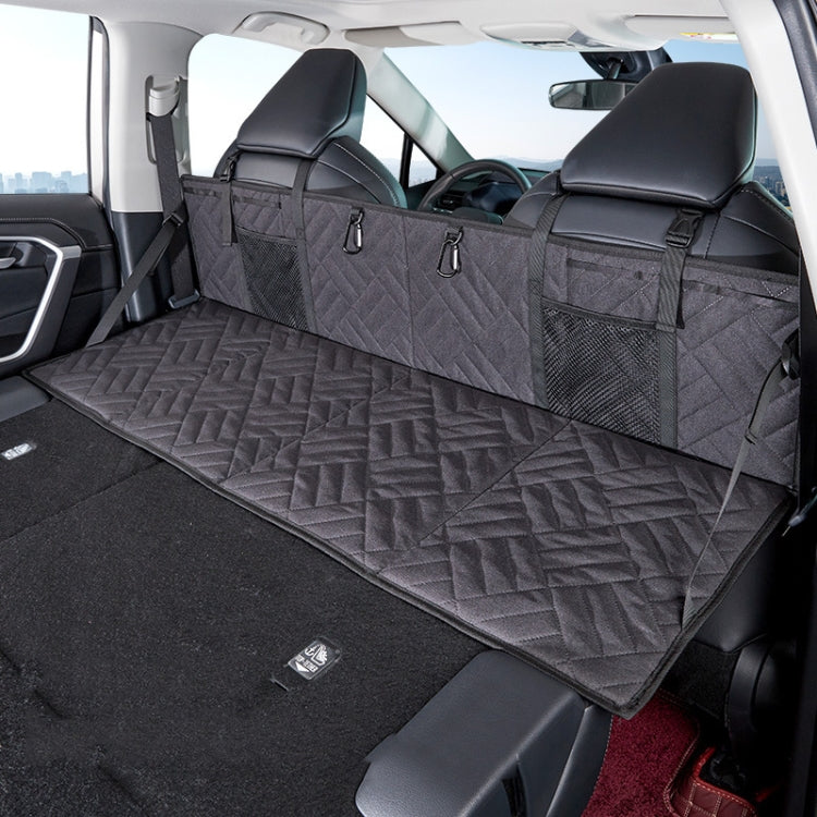 Dark gray folding car camping bed extension board with quilted surface and storage bags