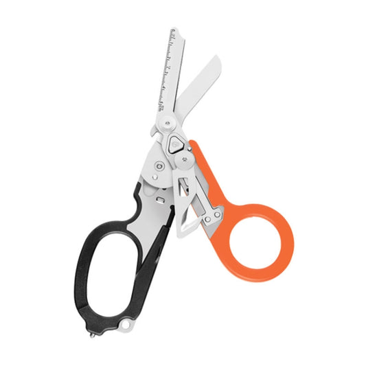Foldable multitool scissors with orange handle, black finger loop, and open blades