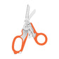 Foldable multitool scissors with orange grips, black cutting tool, and ring handles