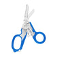 Foldable multitool scissors with blue handles, orange accent, and open blades