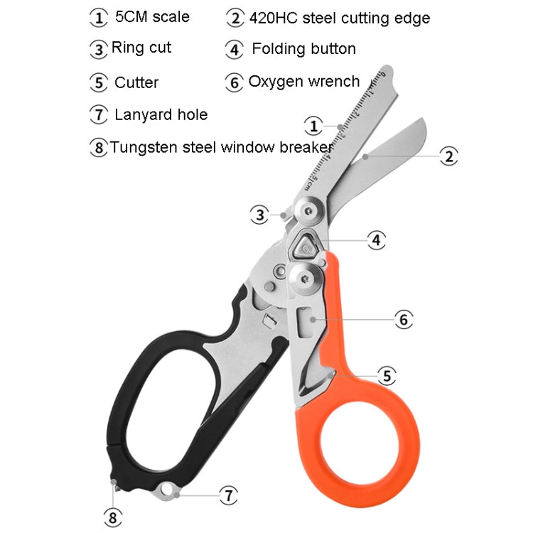 Foldable multitool scissors with orange handle and black finger loop, open stainless blades