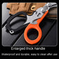 Close-up of foldable multitool scissors with orange loop handle and black finger guards