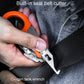 Hand holding orange-handled foldable cutter tool against denim fabric