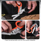 Foldable multitool scissors with orange handle, shown opening and collapsing