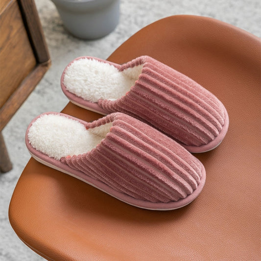 Pink corduroy cotton slippers with plush lining, slip-on fit, thick sole