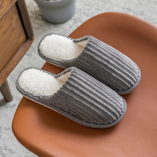 Gray corduroy cotton slippers with plush lining, slip-on fit, thick sole