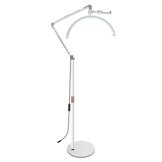 White LED half-moon beauty lamp with adjustable stand base and flexible light arms