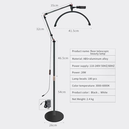 Adjustable LED half-moon beauty lamp with black ring light and telescopic height stand