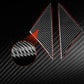 Carbon-fiber A-pillar sticker pair with red edge accents and close-up texture insert