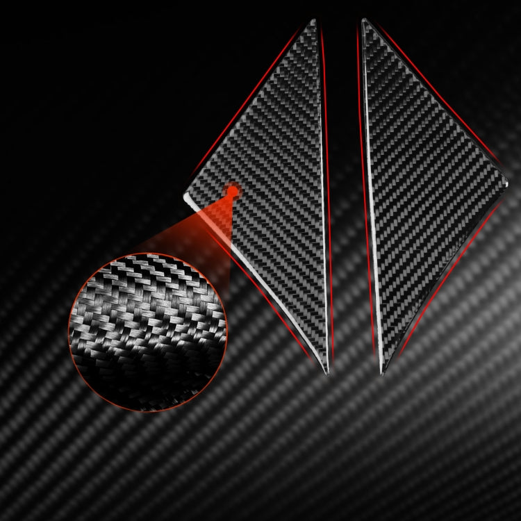 Carbon-fiber A-pillar sticker pair with red edge accents and close-up texture insert