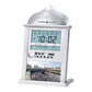 Silver desktop prayer alarm clock with arched case and LCD display for time and date