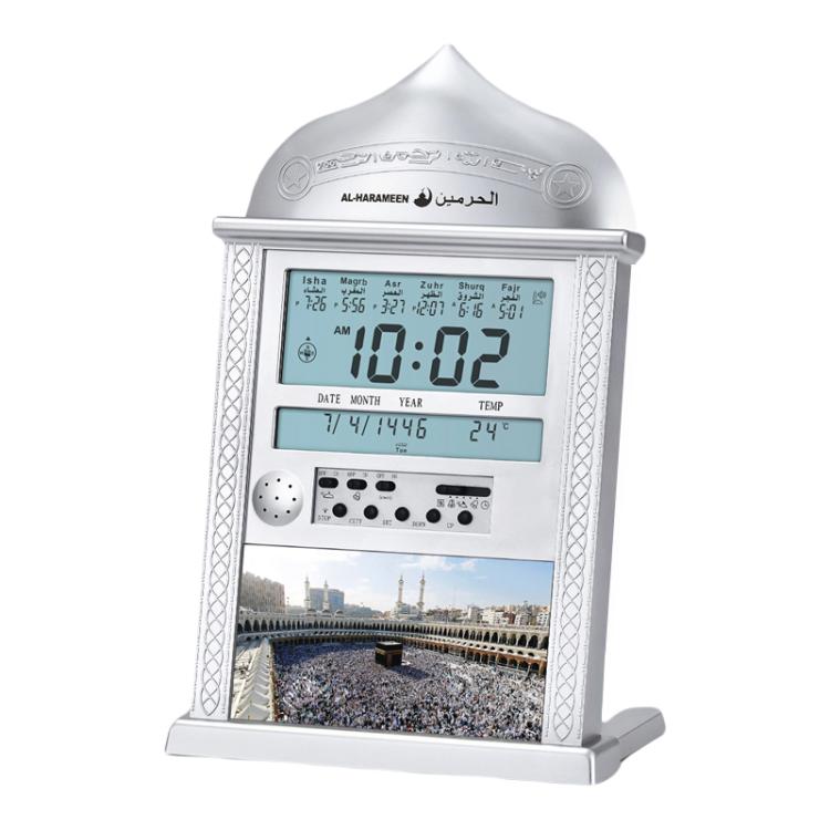 Silver desktop prayer alarm clock with arched case and LCD display for time and date