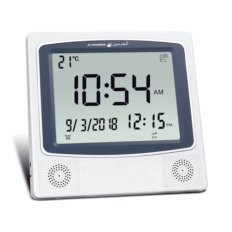 White desktop digital perpetual calendar alarm clock with LCD time and date display