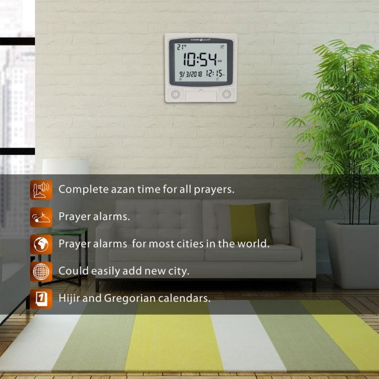 Wall-mounted digital perpetual calendar alarm clock on a light brick wall