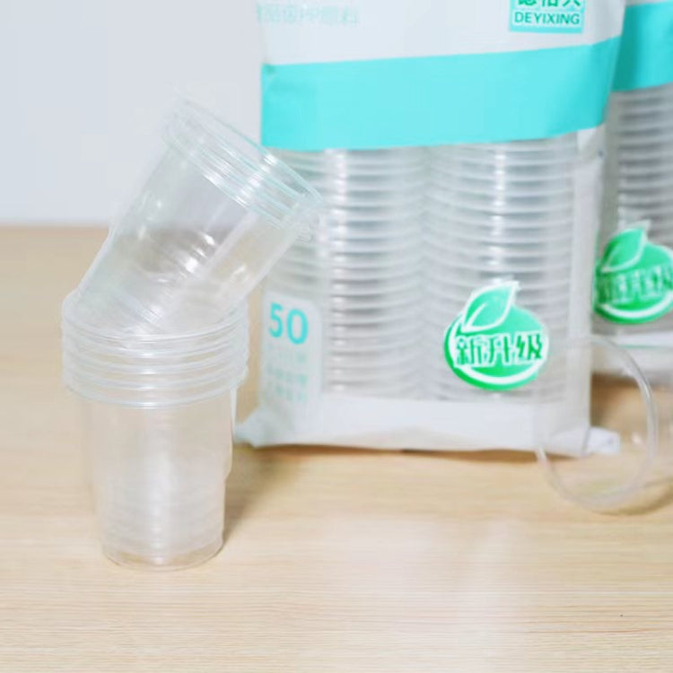 Clear thick PP disposable water cup, 180 ml, side view with capacity marking