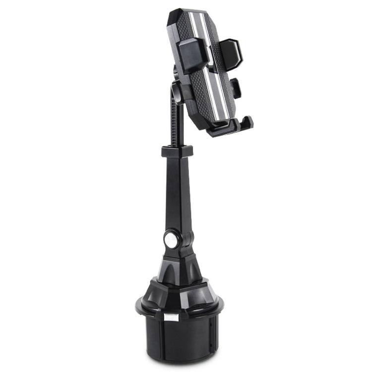 Car cup phone holder with telescopic stand and adjustable side clamps, black