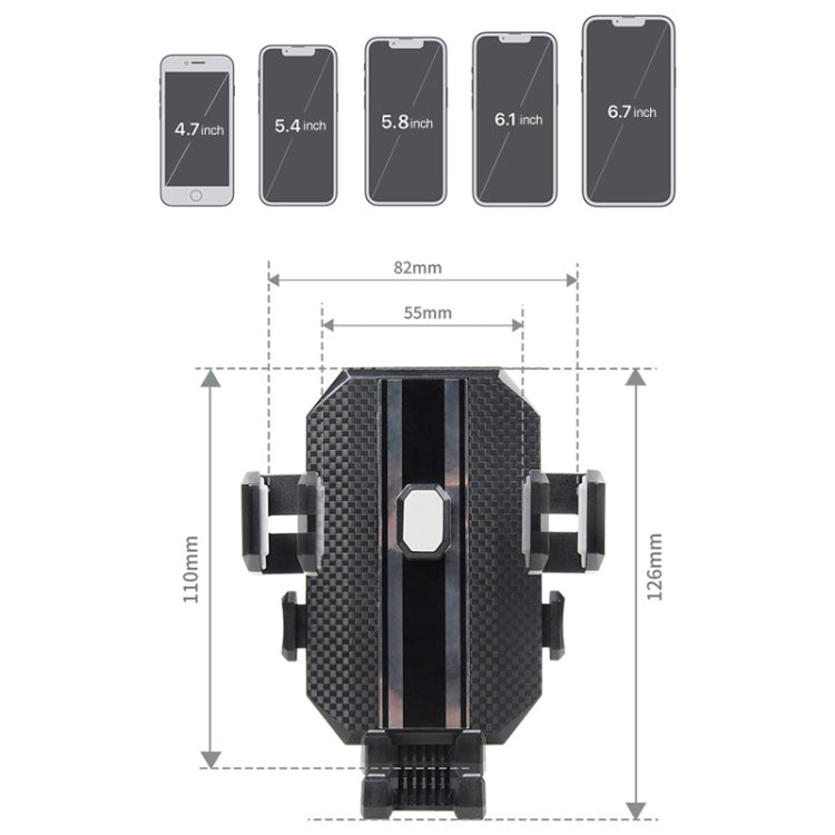 Car phone holder mount with adjustable side clamps, black carbon-fiber textured panel