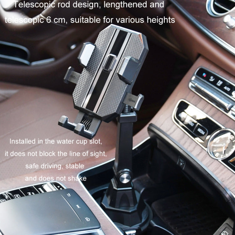 Cup-slot mounted car phone holder with telescopic arm, black textured grips