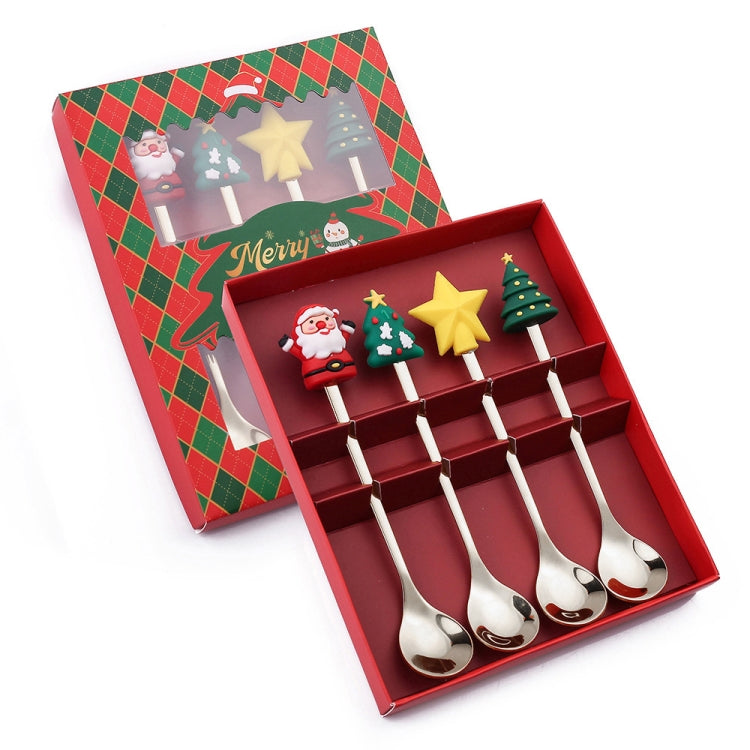 4-piece Christmas doll spoon and fork set in red gift box with Santa figures