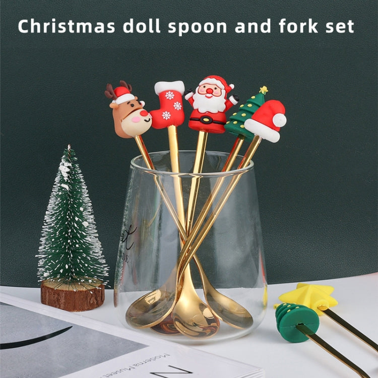 Christmas doll spoon and fork set with gold-toned metal, Santa, tree and star toppers