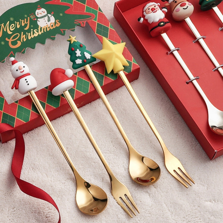 4-piece Christmas doll spoon and fork set, gold-toned utensils with character heads