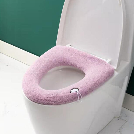 Pink knitted toilet seat cover pad with handle, cushioned oval ring design