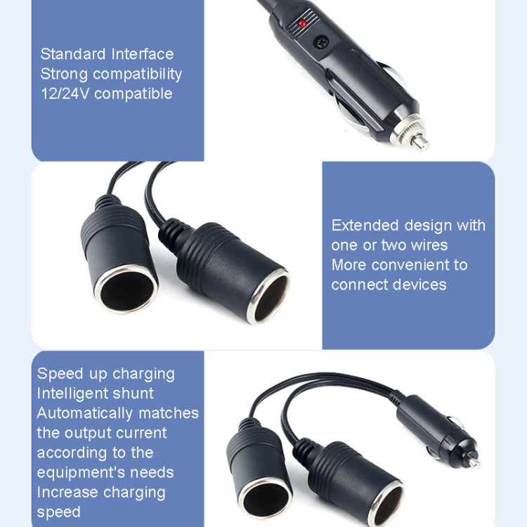 Black car cigarette lighter extension with two outlets and car plug