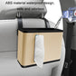 Beige hanging tissue storage box with front opening and white tissue visible