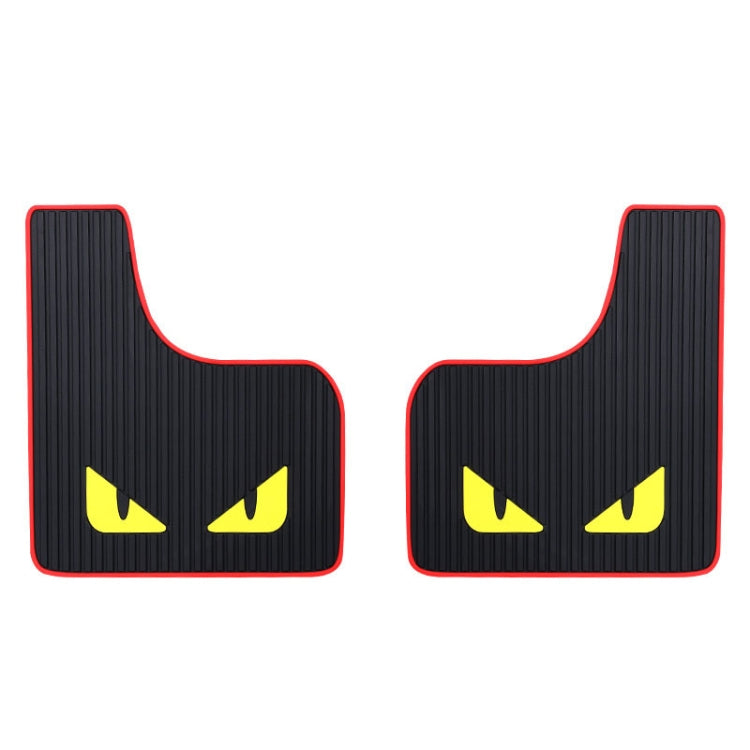 Pair of black car mud flaps with red edge, ribbed texture, yellow cat-eye detail