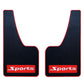 Pair of black car mud flaps with red trim and red Sports logo