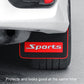 Installed black mud flap with red trim and Sports logo on a car
