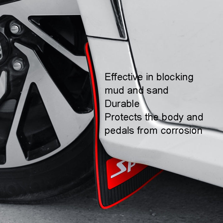 Installed black mud flap with red trim and triangular Sports graphic near wheel