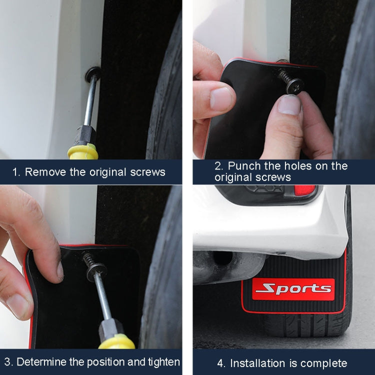 Hands installing a black mud flap with red trim; mounting holes and screws shown