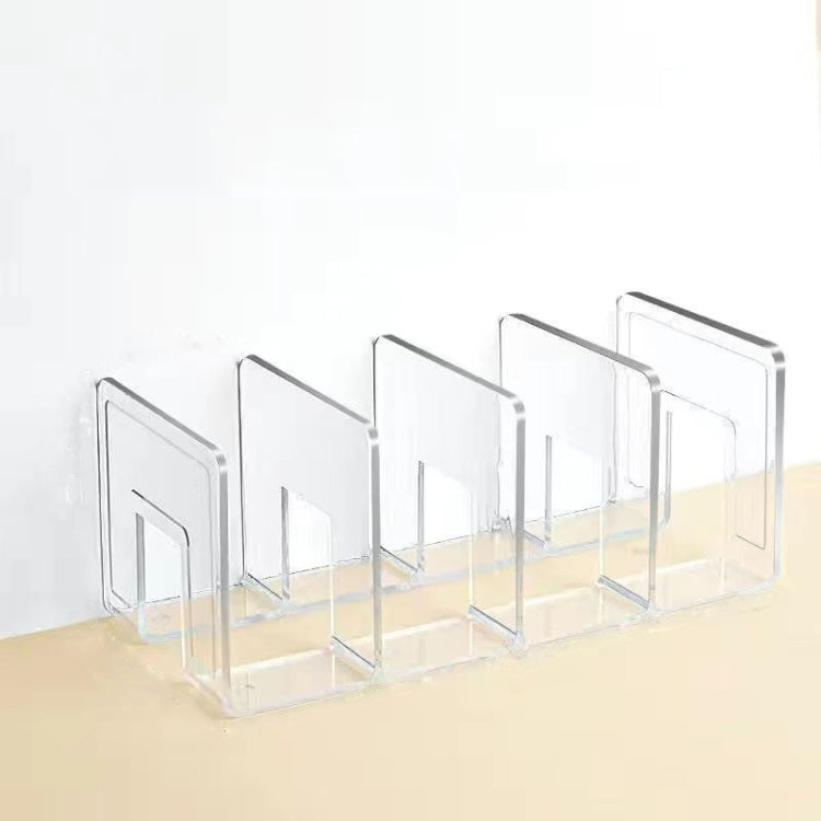 Acrylic desktop book storage rack with clear bookends and open slots for books