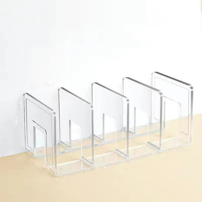 Acrylic desktop book storage rack with clear bookends and open slots for books
