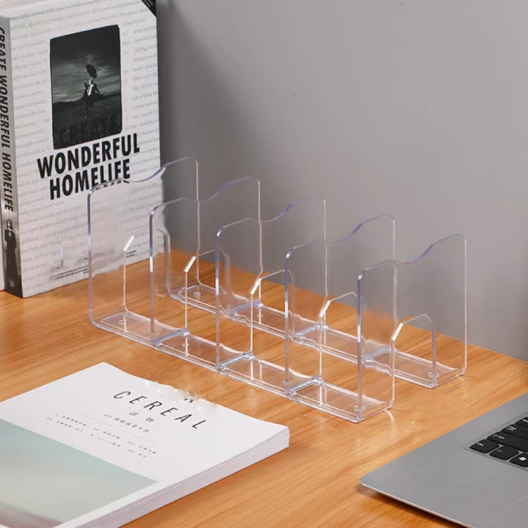 Clear acrylic desktop book rack with multiple bookends holding books on a desk