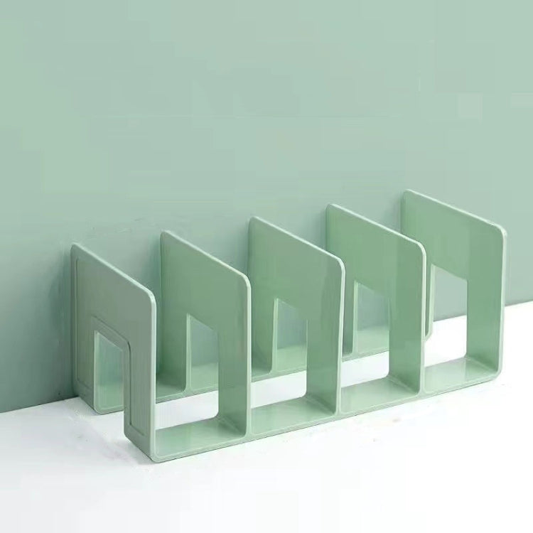 Green acrylic desktop book storage rack with five bookends and open book slots