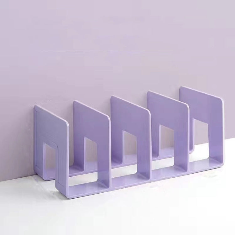 Purple acrylic desktop book storage rack with five bookends and open book slots