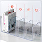Clear acrylic desktop book storage rack featuring grooved bookend slots