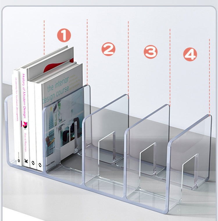 Clear acrylic desktop book storage rack featuring grooved bookend slots